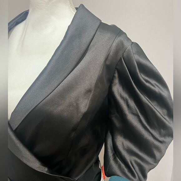 NWT Ieena for Mac Duggal Black Satin Lapel Puff Sleeve Tea Length Dress size 14 - Picture 11 of 16